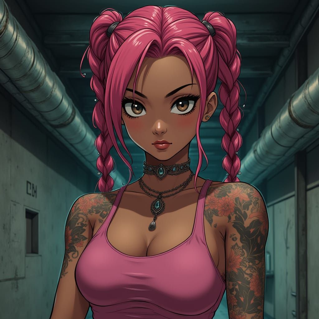 Tattooed Woman with Vibrant Pigtails in Moody Industrial Set...