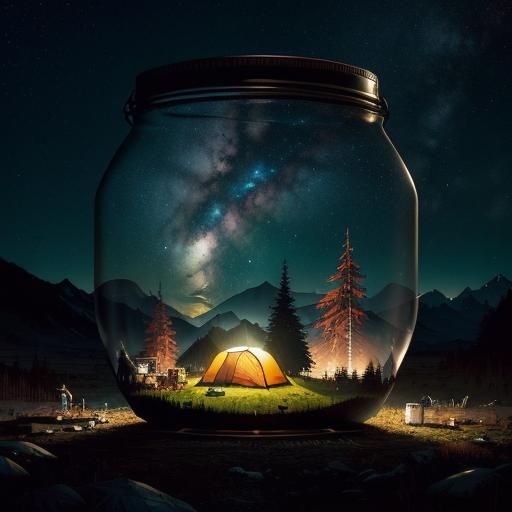 Camping Scene Inside Jar: Surreal Digital Art