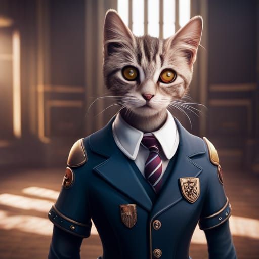 Cyborg Kitten in School Uniform: Detailed Matte Painting
