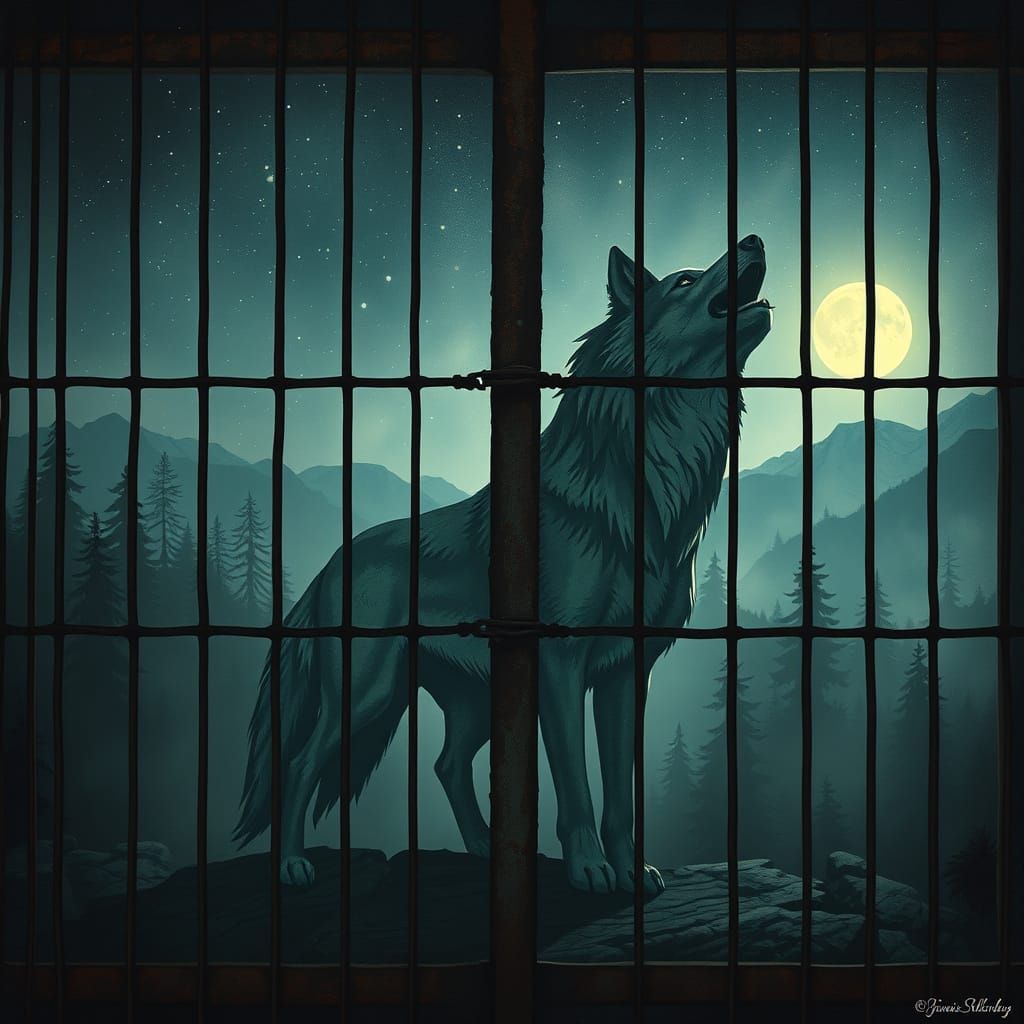 Double exposure.
A wolf made up of a wild landscape at night.
The wolf is locked in a cage at the zoo.
