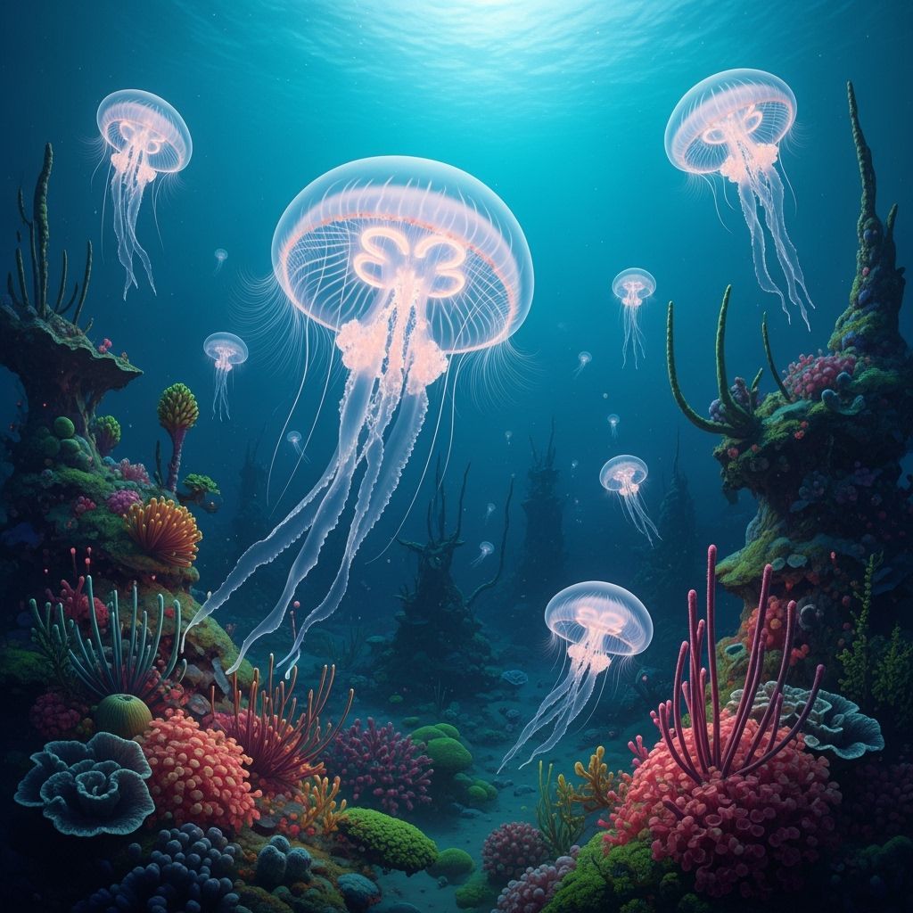 Bioluminescent Jellyfish in Alien Ocean, Ernst Haeckel Style