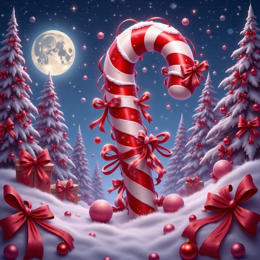 Whimsical Candy Cane Scene Under a Starry Night Sky
