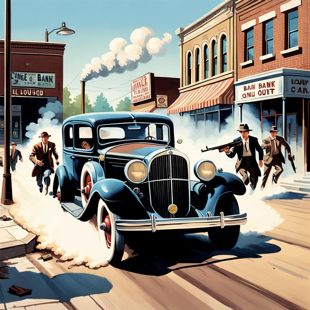 Bonnie and Clyde Bank Robbery Shootout in 1940s Poster Art