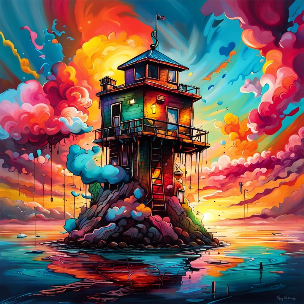 Floating Lighthouse in Clouds: Graffiti Art Sunset