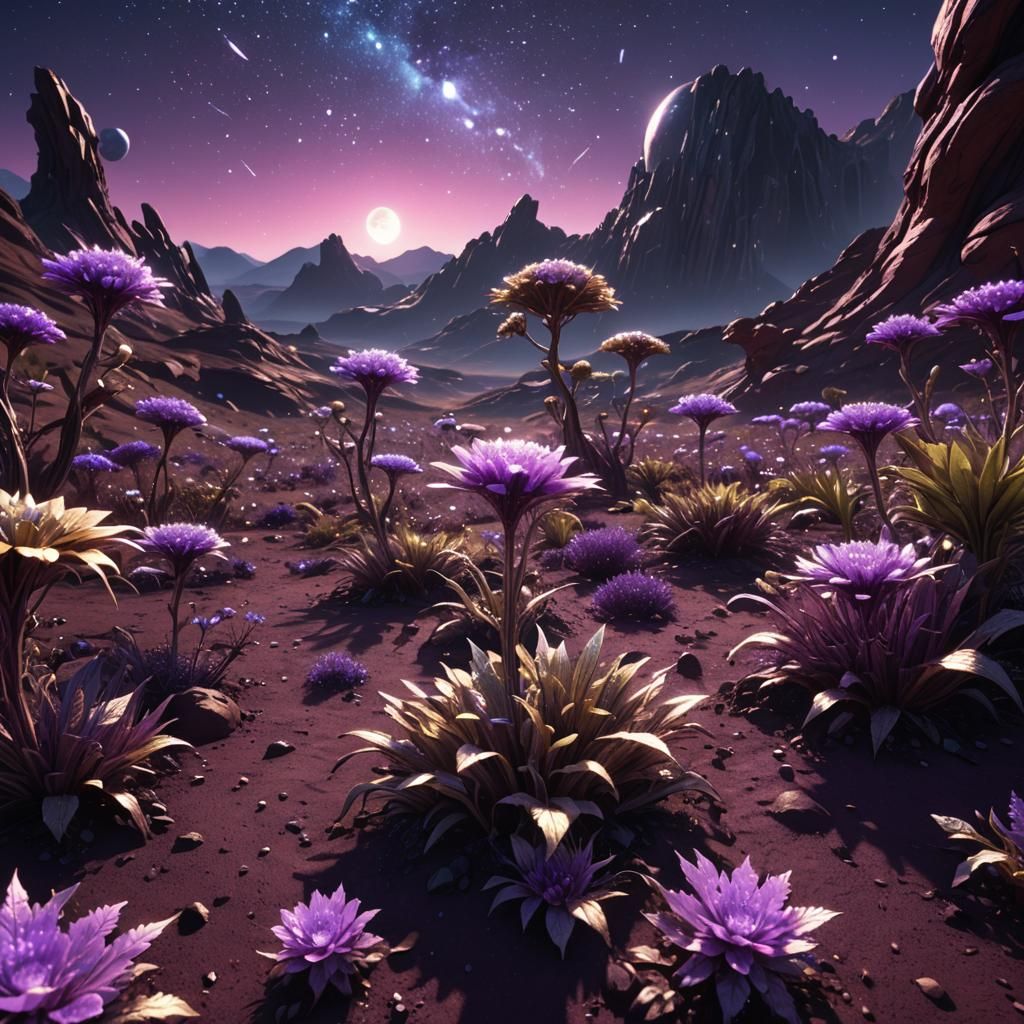Metallic Plants on Alien Planet in Sci-Fi Landscape