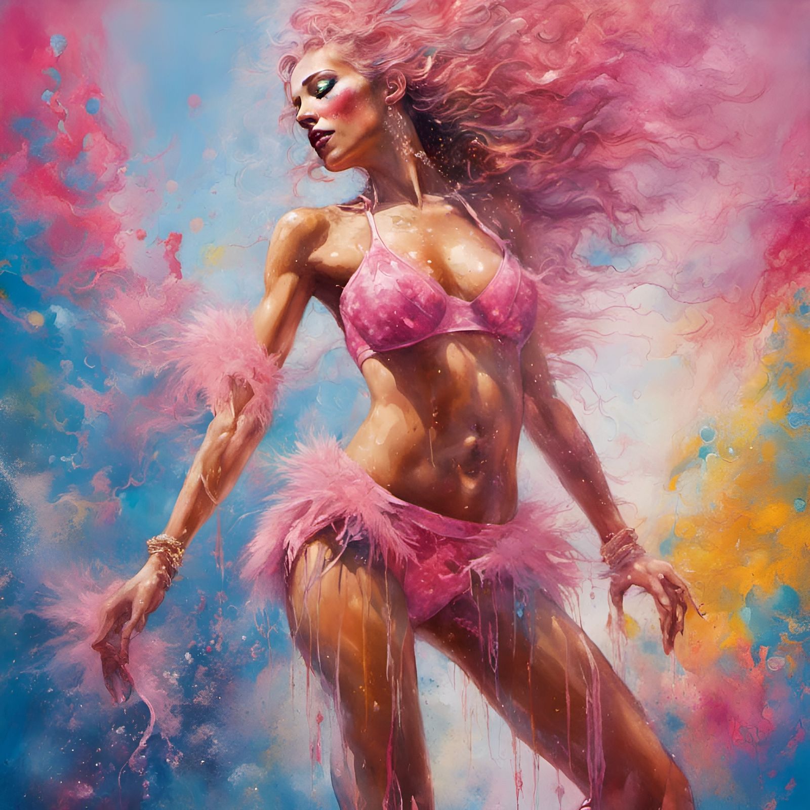 Dancer in Pink Fur Bikini, Graffiti Art Style