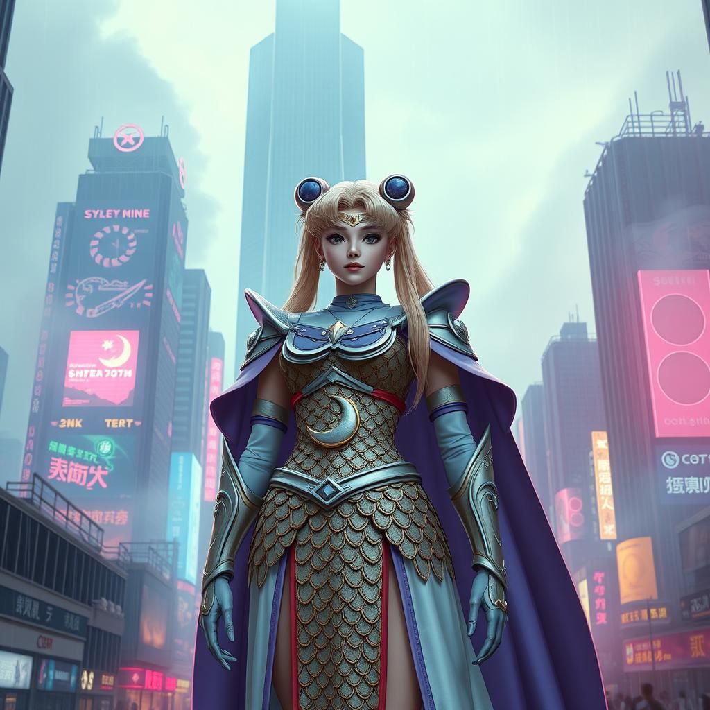 Sailor Moon as Cyberpunk Cleric in Dystopian City