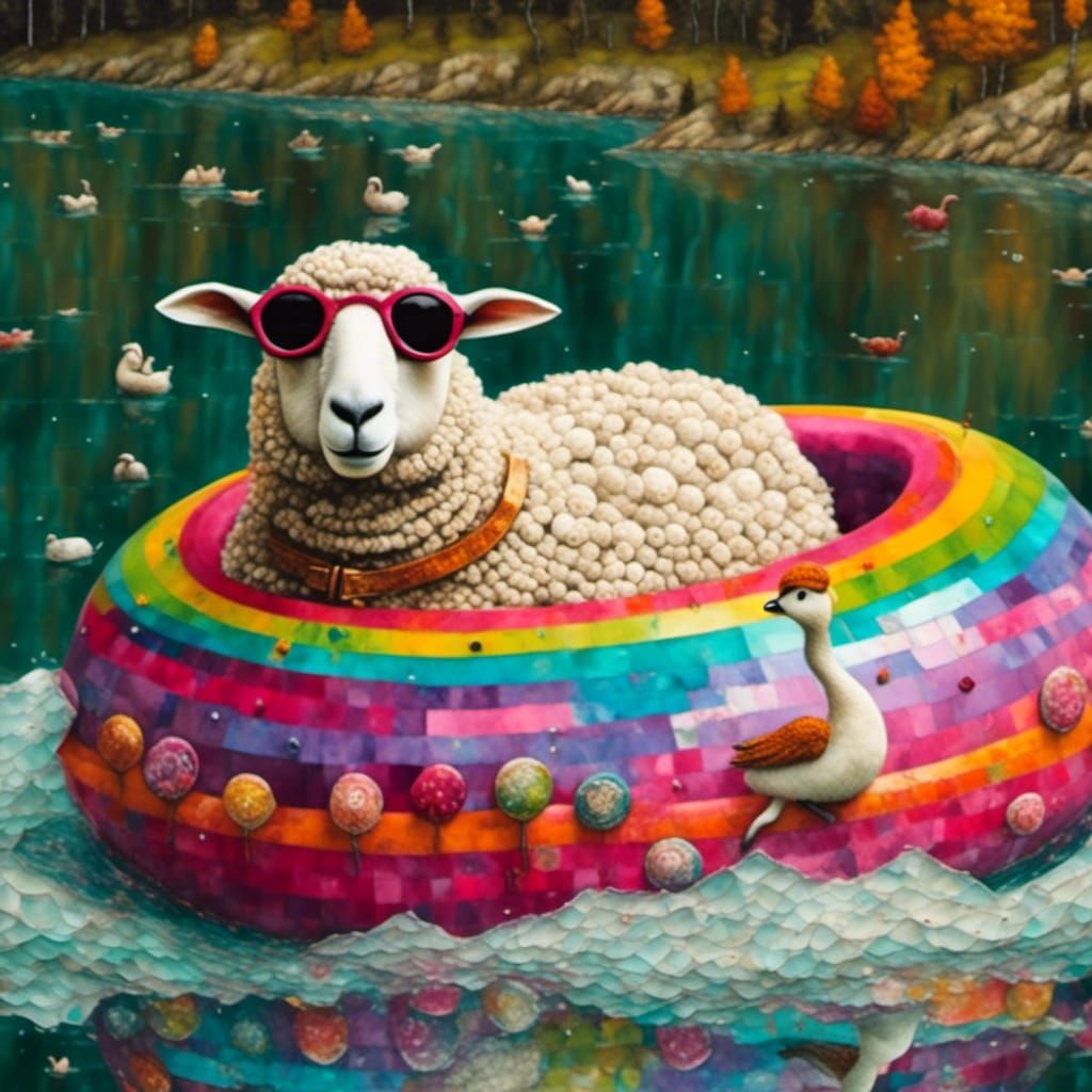 Whimsical River Float Trip in Encaustic Collage Style