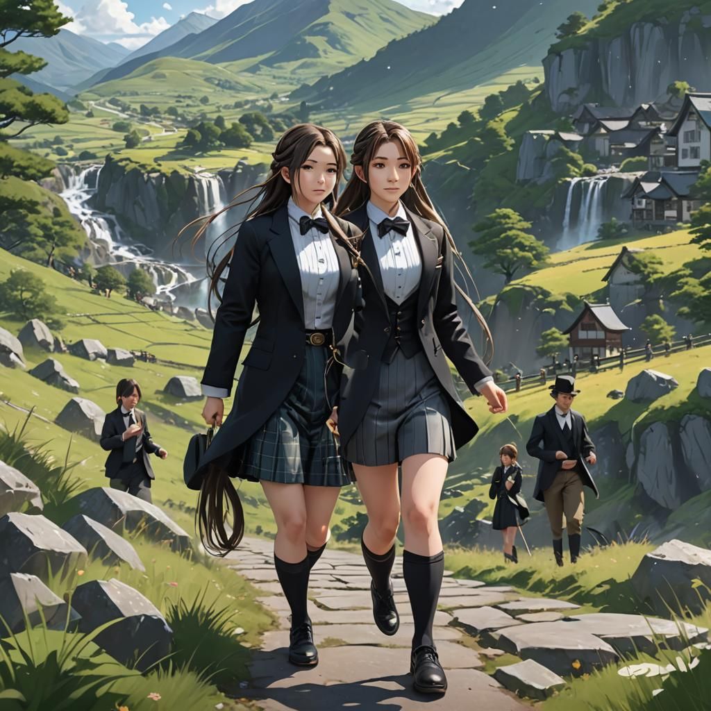 Anime Style Woman in Tuxedo in the Highlands