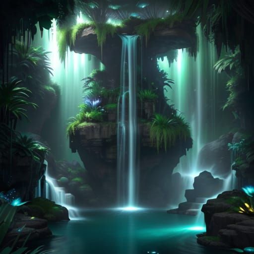 Emerald Tower Oasis with Bioluminescent Flora
