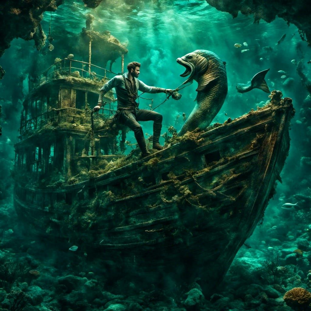 Merman Explores Shipwreck with Surface Reflections