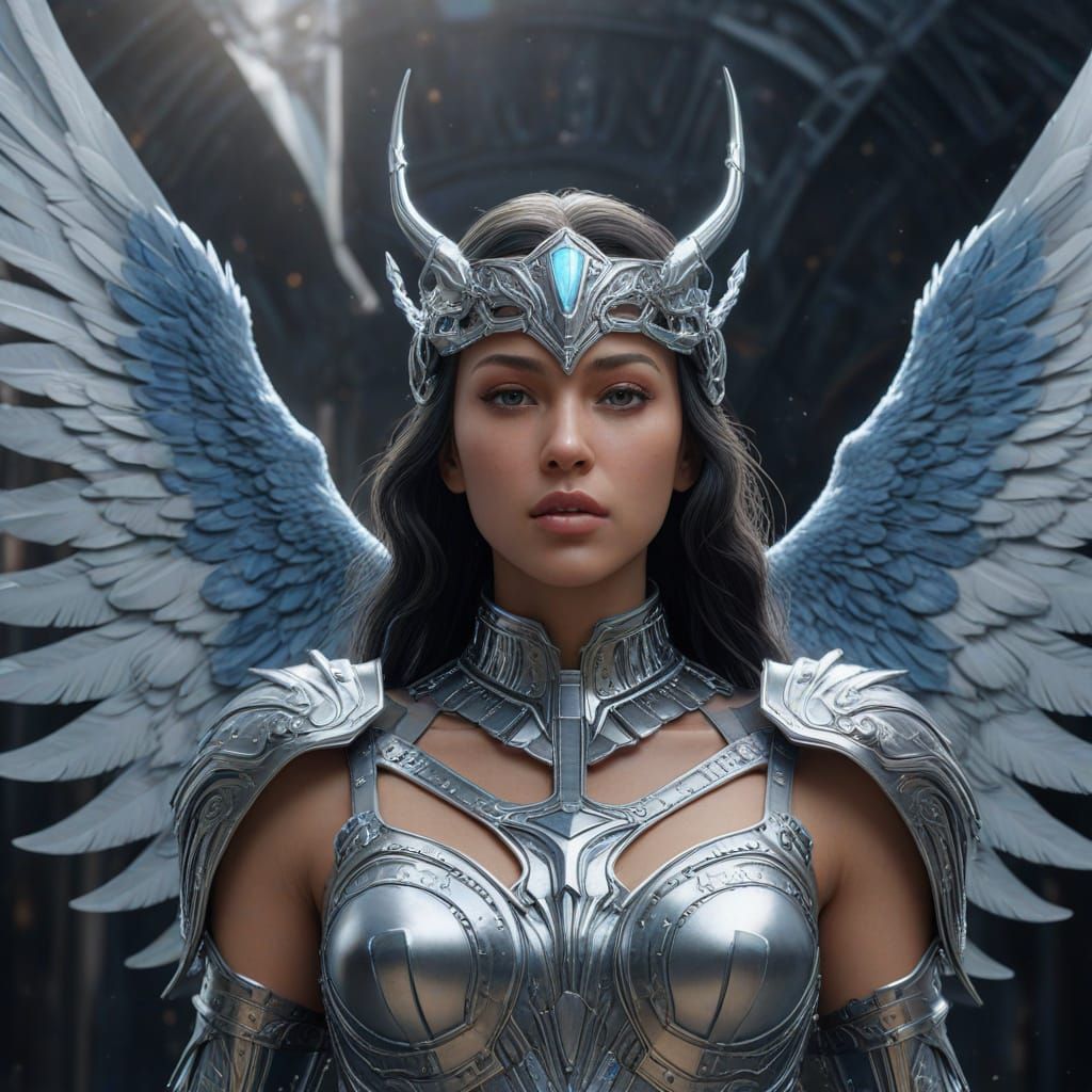 Celestial Valkyrie Soaring into Battle: Hyperrealism