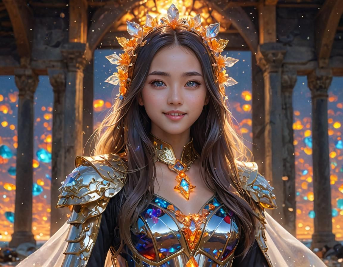 Anime Girl on Glass Beach in Crystal Armor