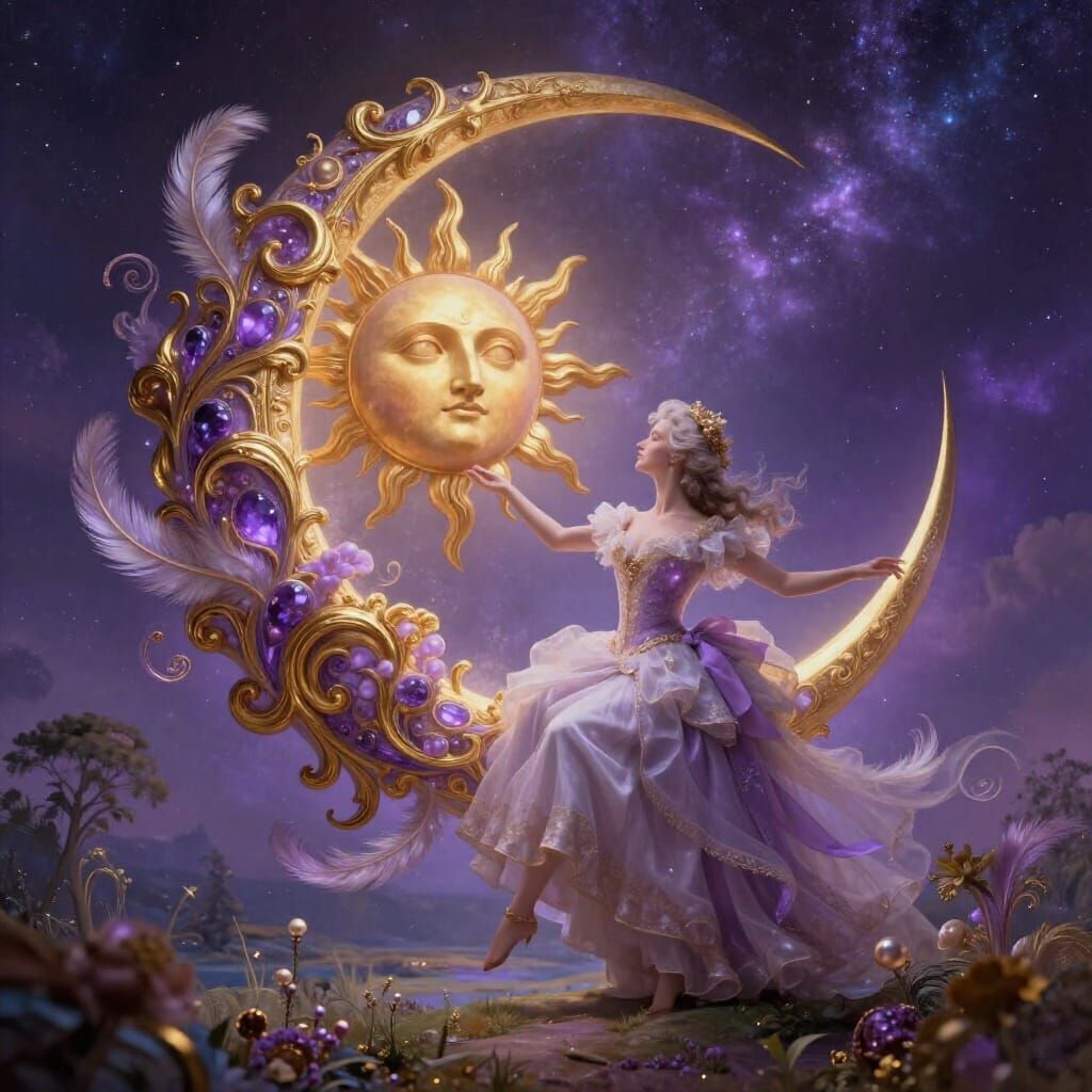 Cosmic Ballet: Moon and Sun Entwined in Baroque Splendor