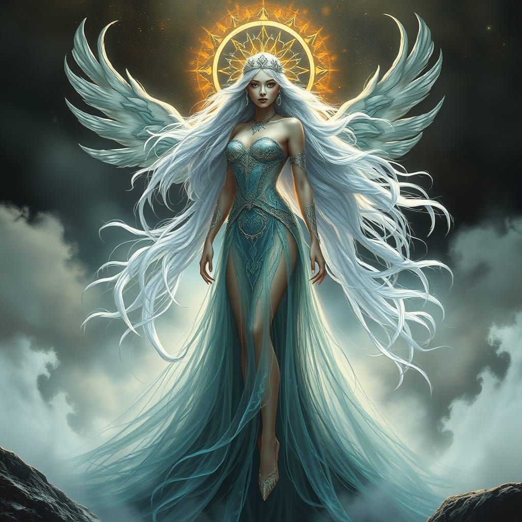 Regal Goddess of Balance and Power in Iridescent Gown