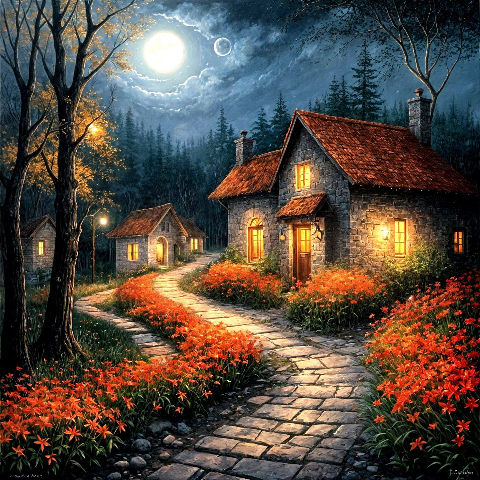 Mysterious Village Under Full Moon in Oil Painting Style