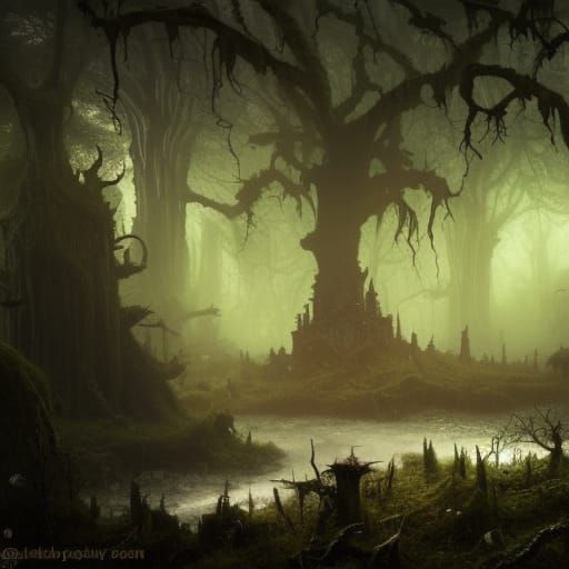 High Gothic Horror Forest Hut in Dark Fantasy Style