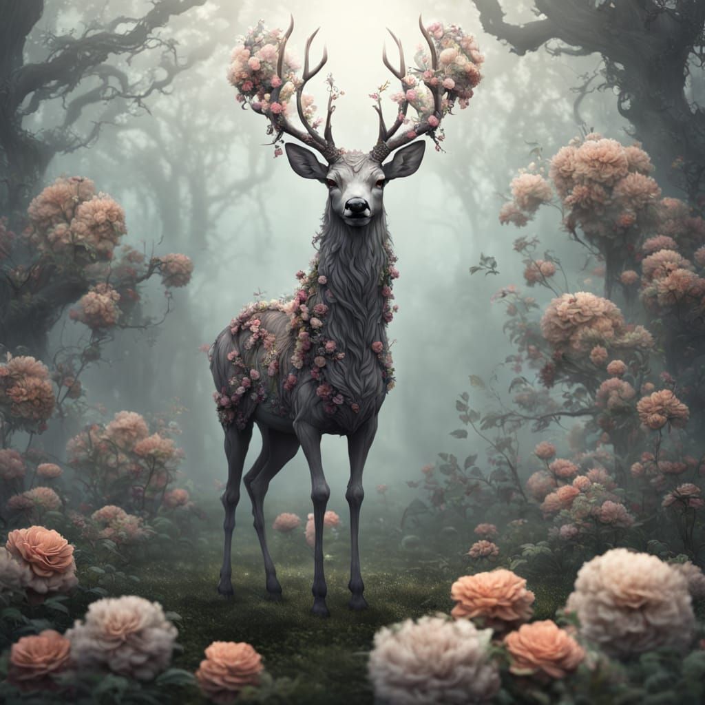 Floral Deer in Photorealistic High-Fantasy Style