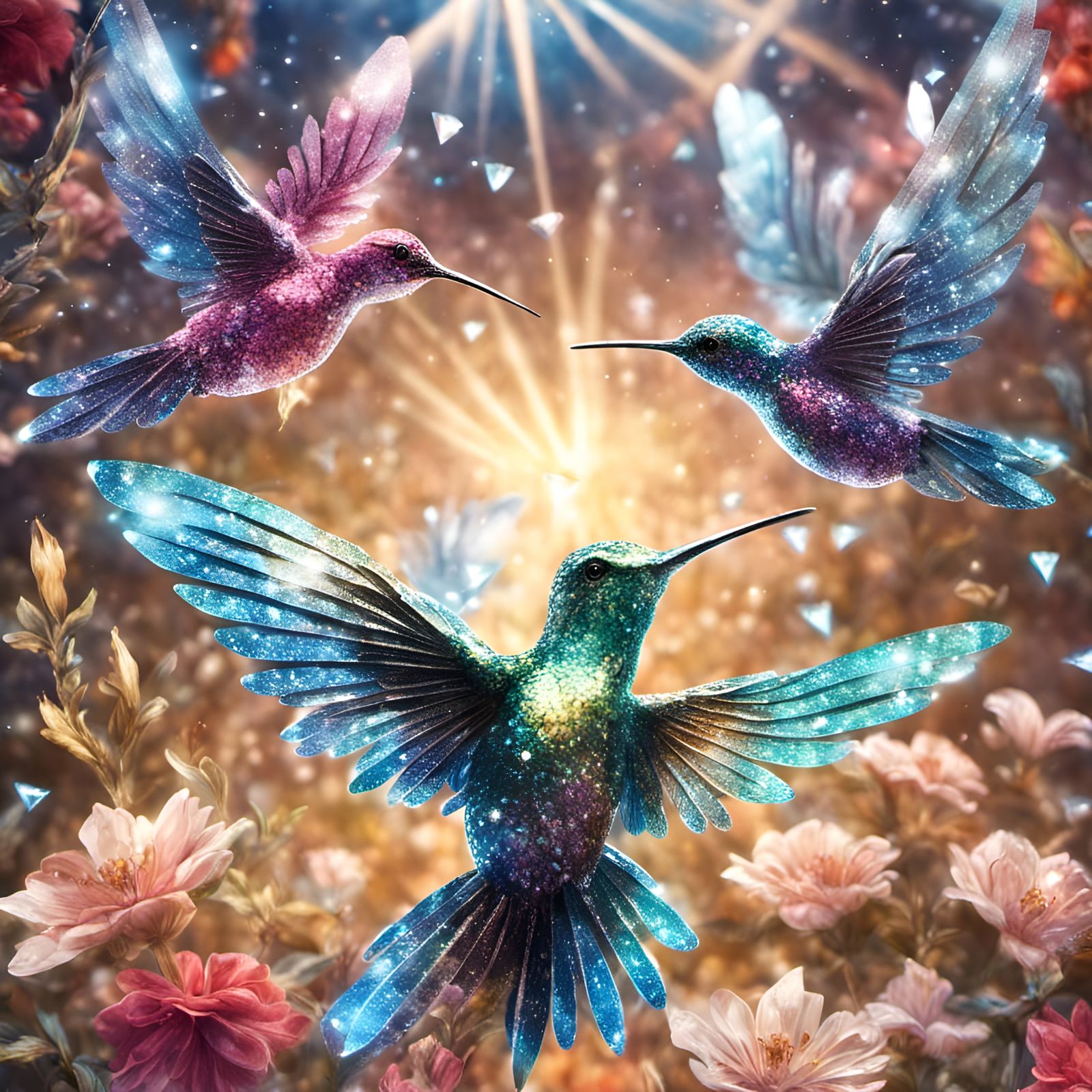 Diamond Hummingbird with Stained Glass Wings in 3D Render