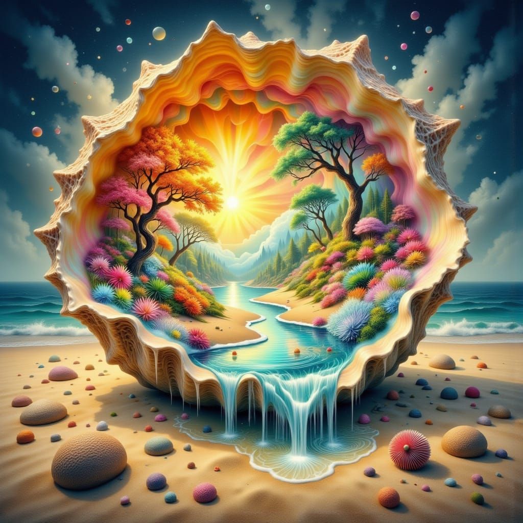 Surreal Rebirth Oasis Inside Giant Seashell