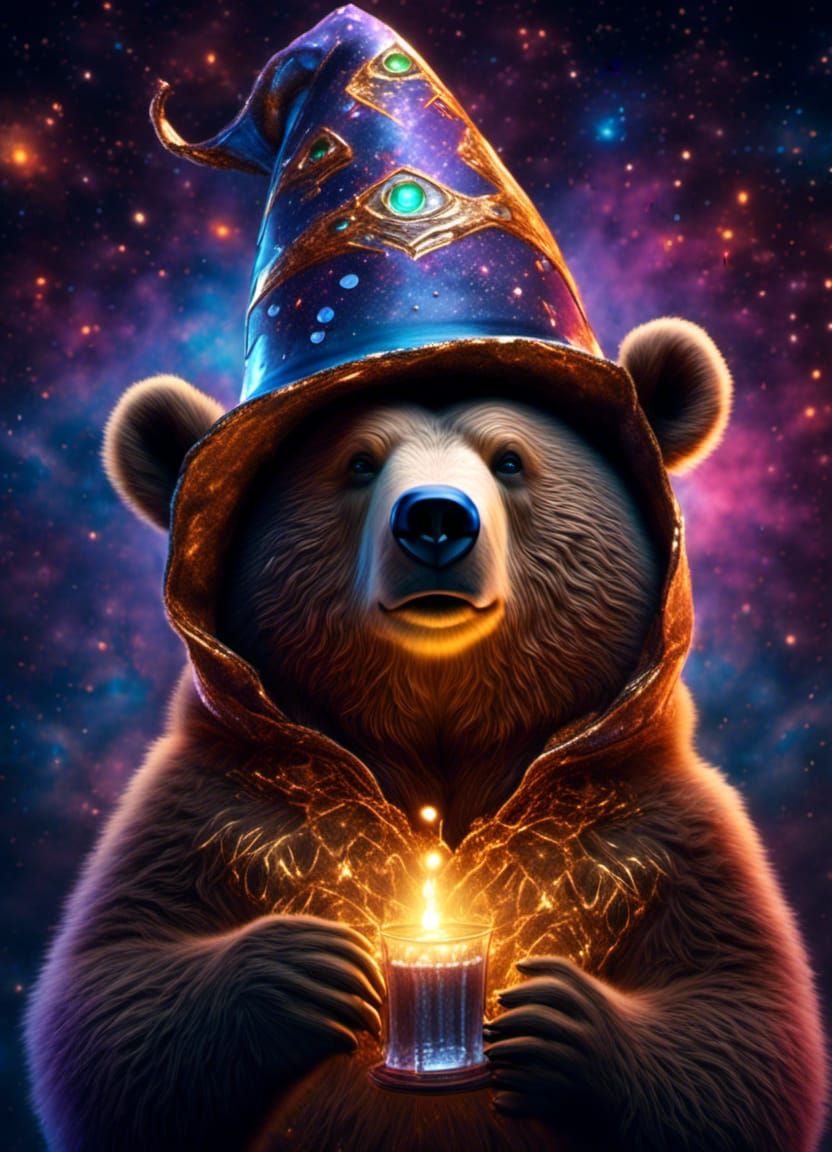 Obese Bear Cub Wears Wizard Hat in Space