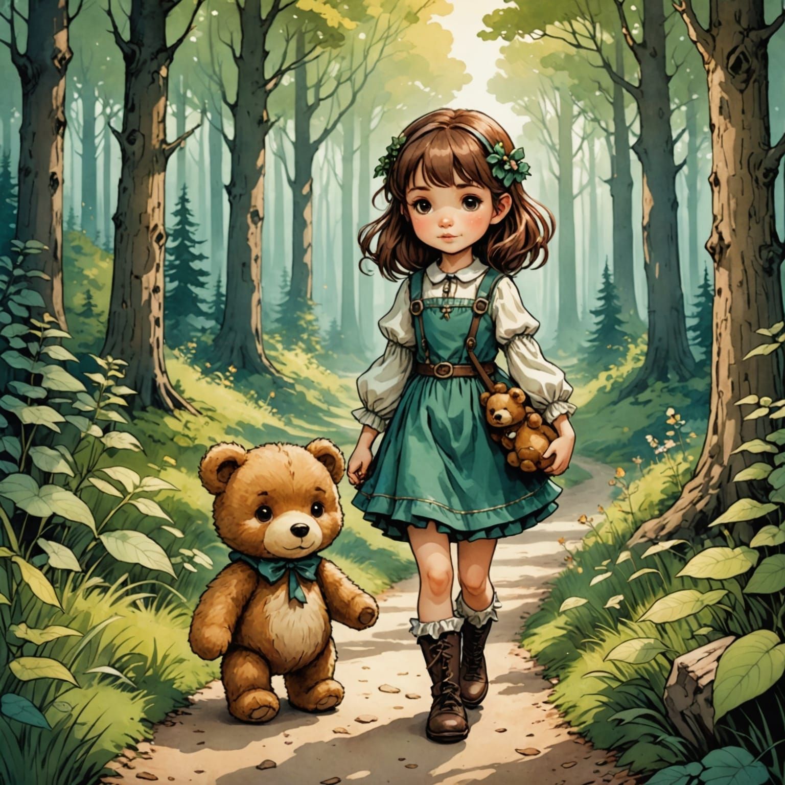 Whimsical Chibi Girl and Teddy Bear in Forest