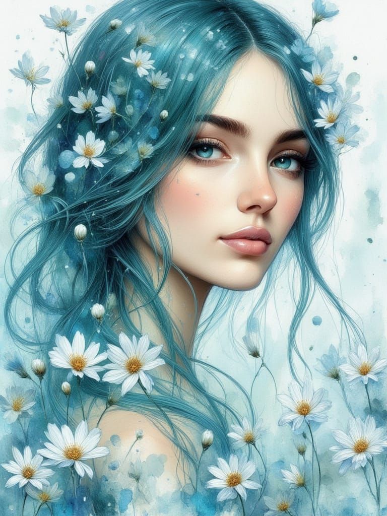 Beautiful Woman with Teal Hair and Blue Eyes