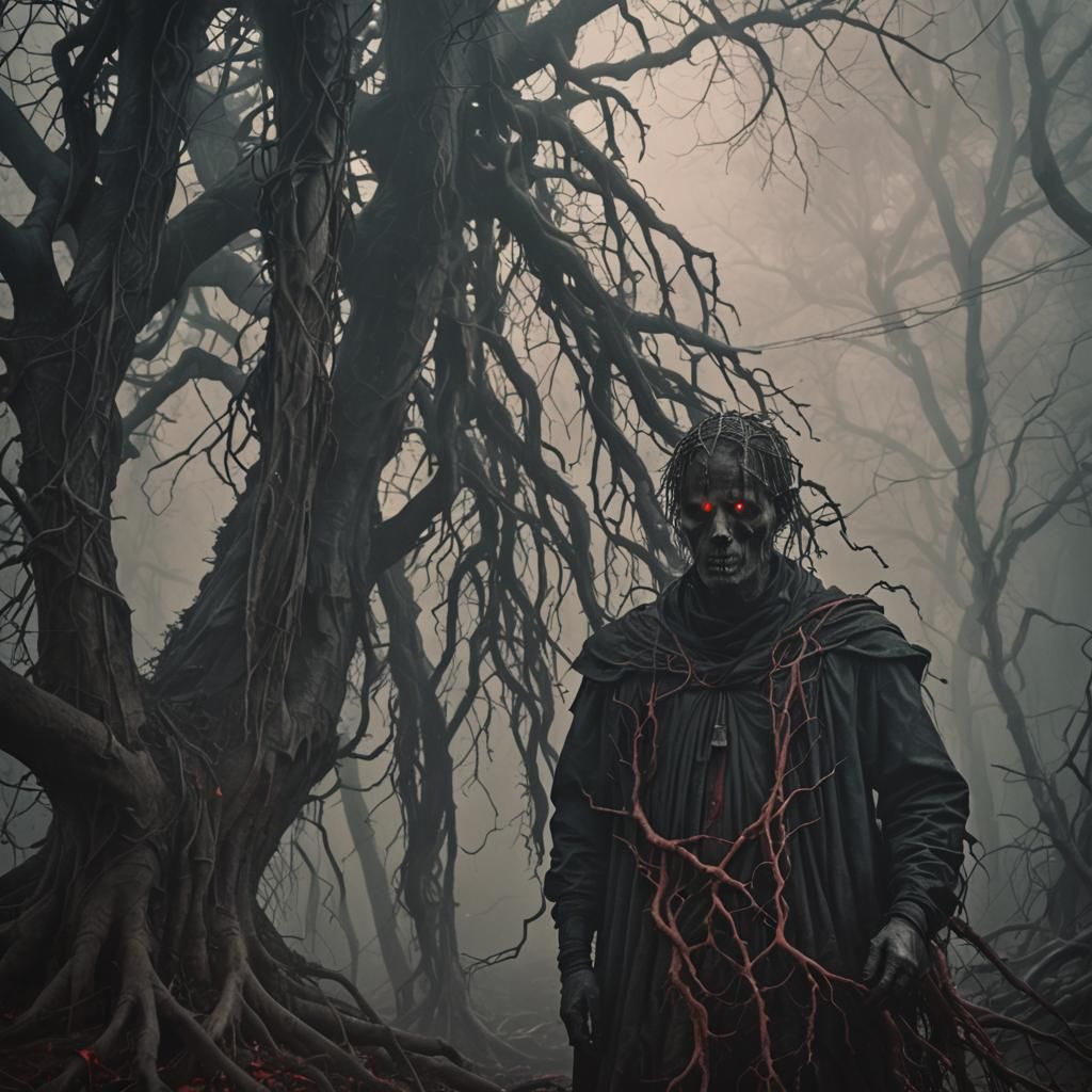 Eerie Dystopian Surrealism: Dark Figure in Sinister Place