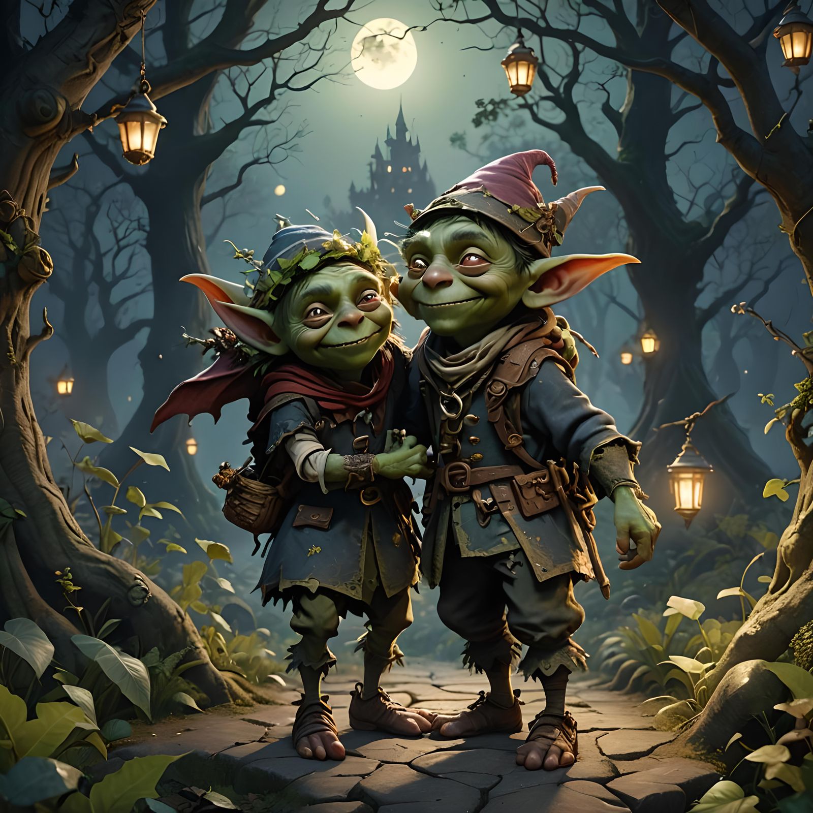 Goblin Friends Embrace in Mystical Forest