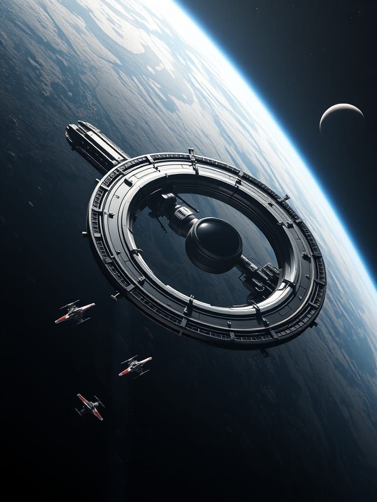 Massive Ringed Space Station Orbiting Planet