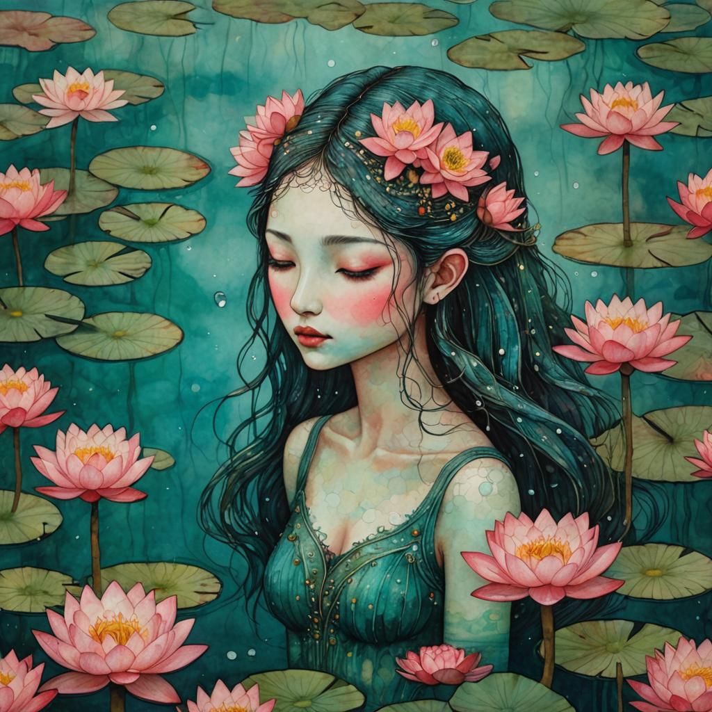 Water Nymph in Turquoise Pond, Art Brut Watercolor