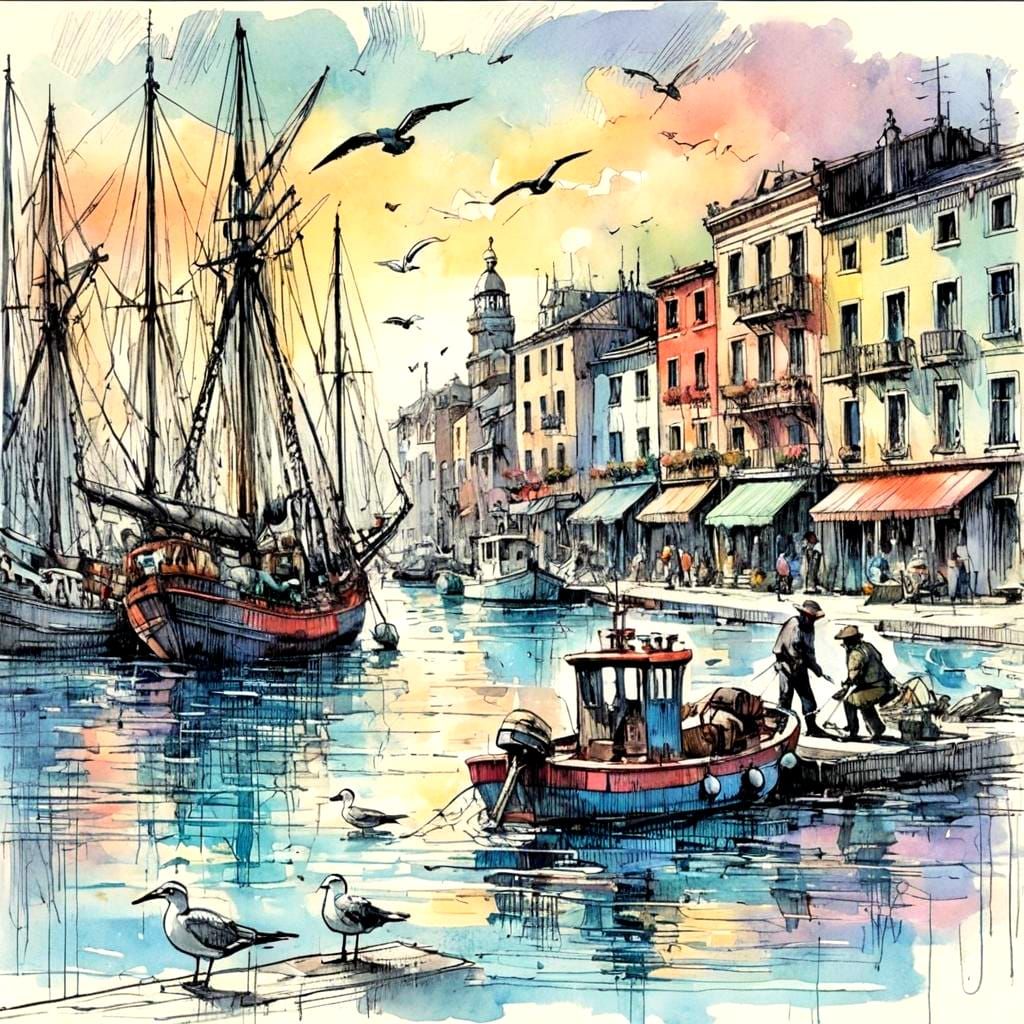 Colorful Harbor Scene with Many Boats