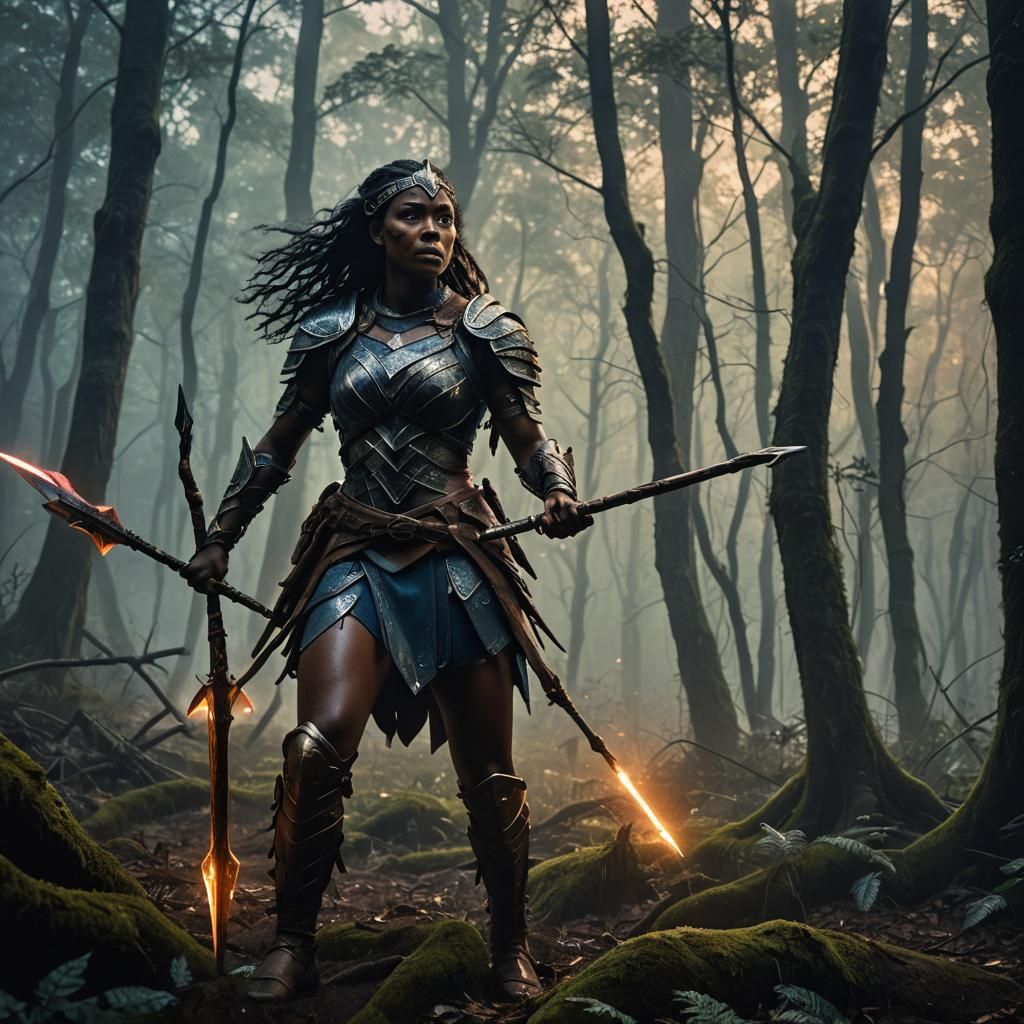 Black Warrior in Mystical Forest by Rutkowski