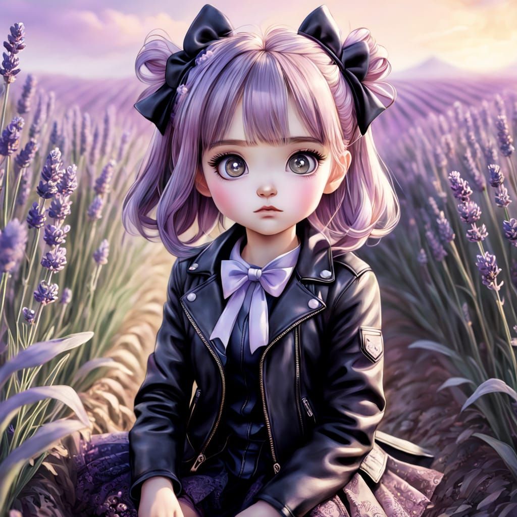 Anime Girl in Lavender Field with Purple Bow