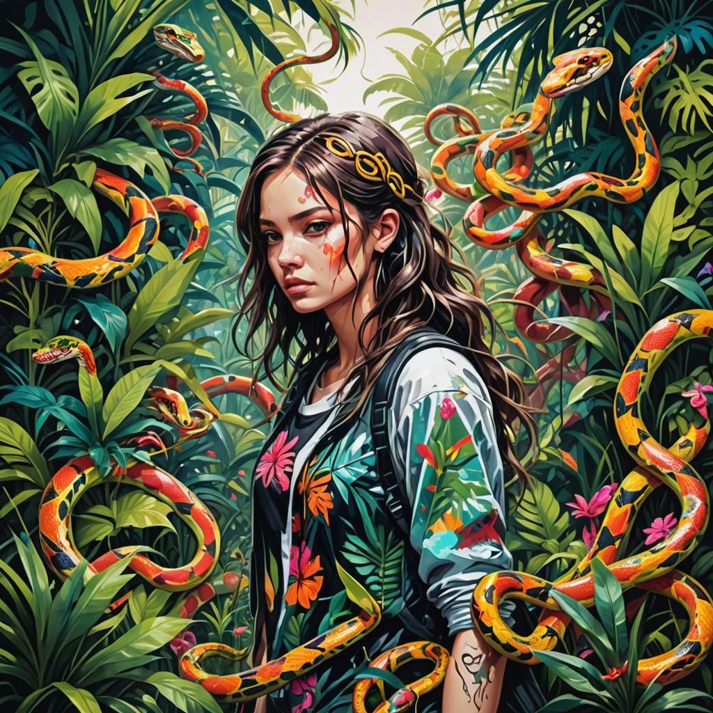 Girl in Tropical Garden, Graffiti Art Style