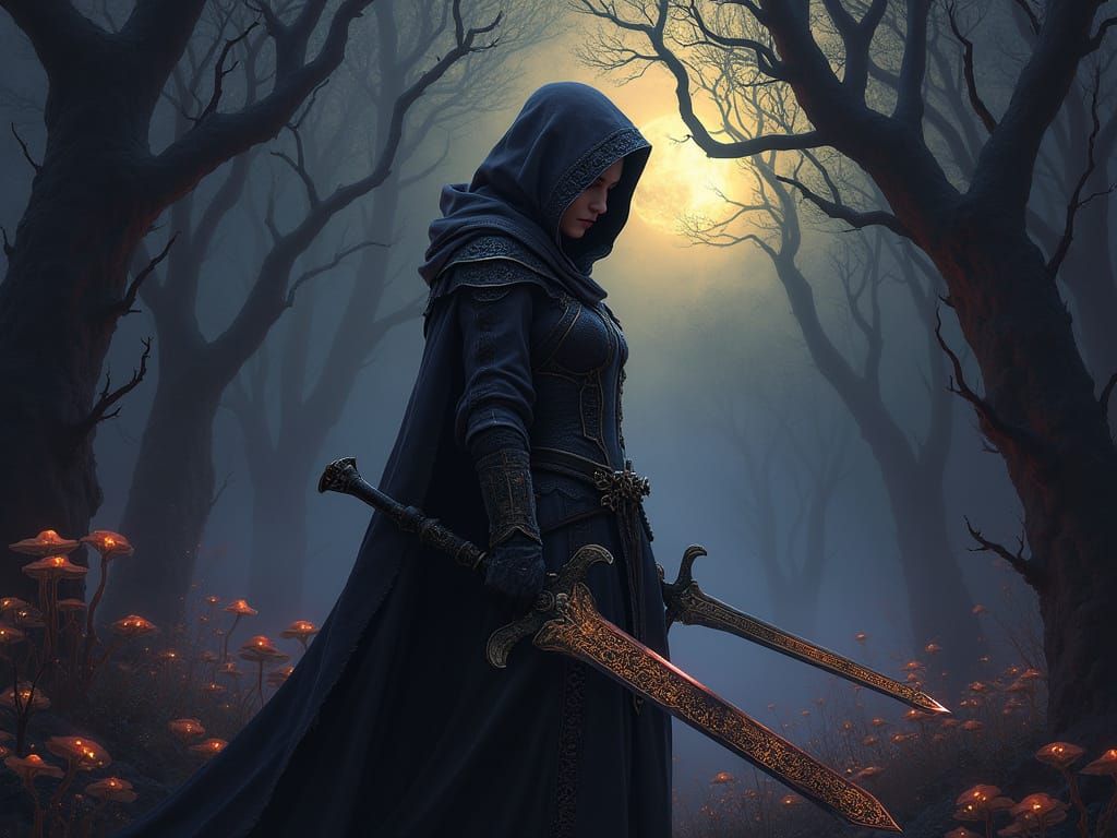 Ethereal Dark Fantasy Woman Knight in Moonlit Woodland