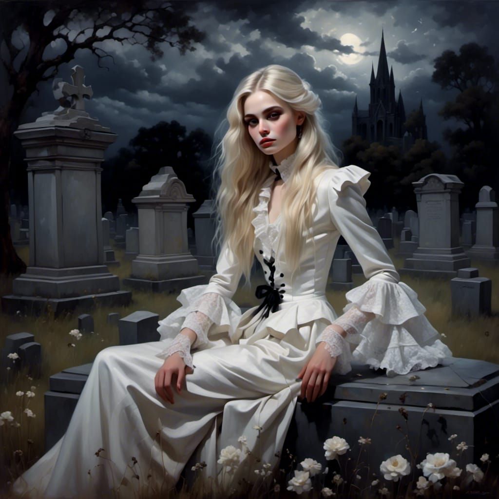 Vampire Woman in Cemetery at Night