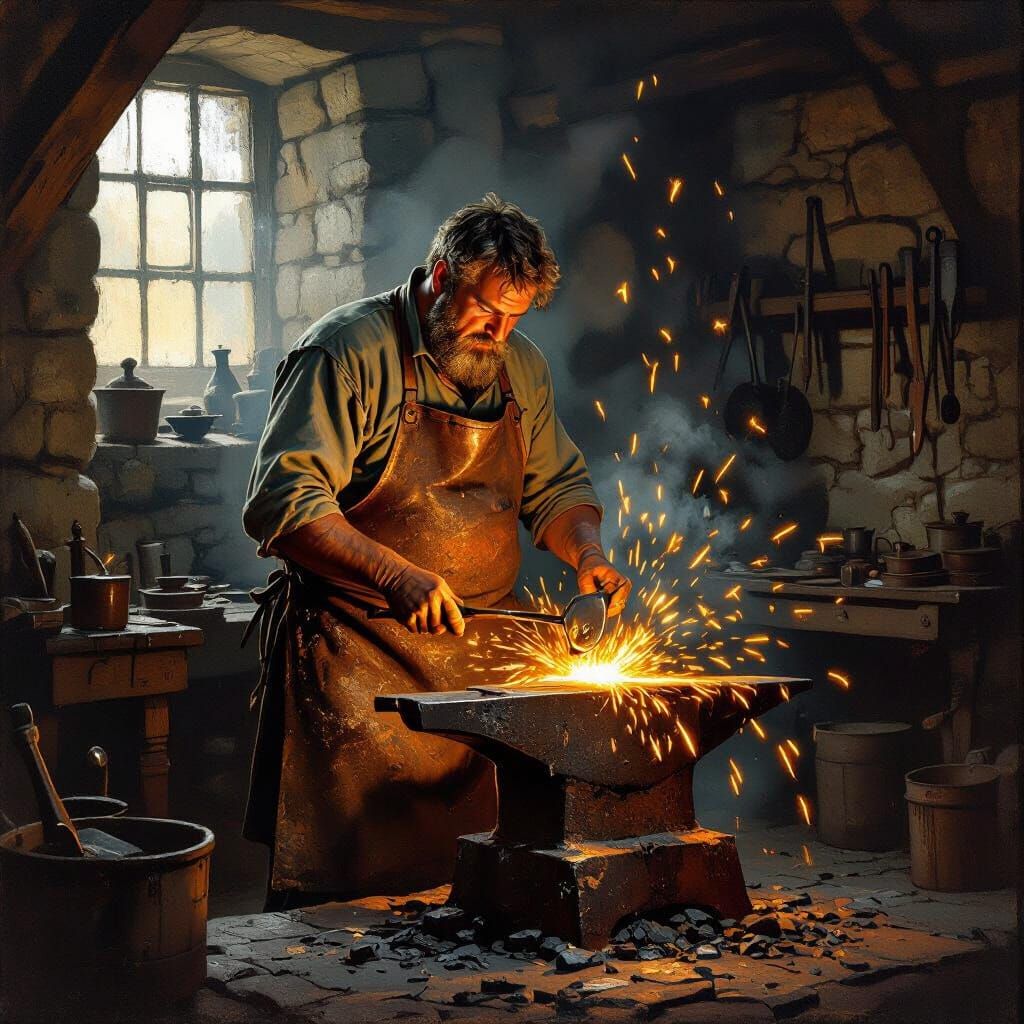 1900s Farrier Forging Horseshoes in Rustic Smithy Oil Painti...