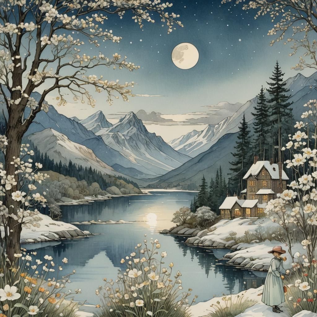 Mountain Lake in Moonlight, Kate Greenaway Style