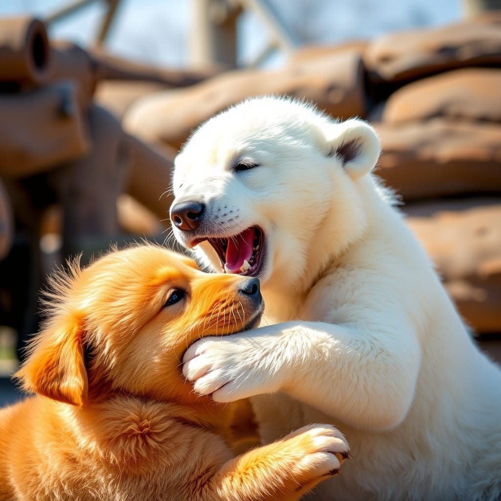 Cute Polar Bear Plays with Golden Retriever Puppy in Sunny L...