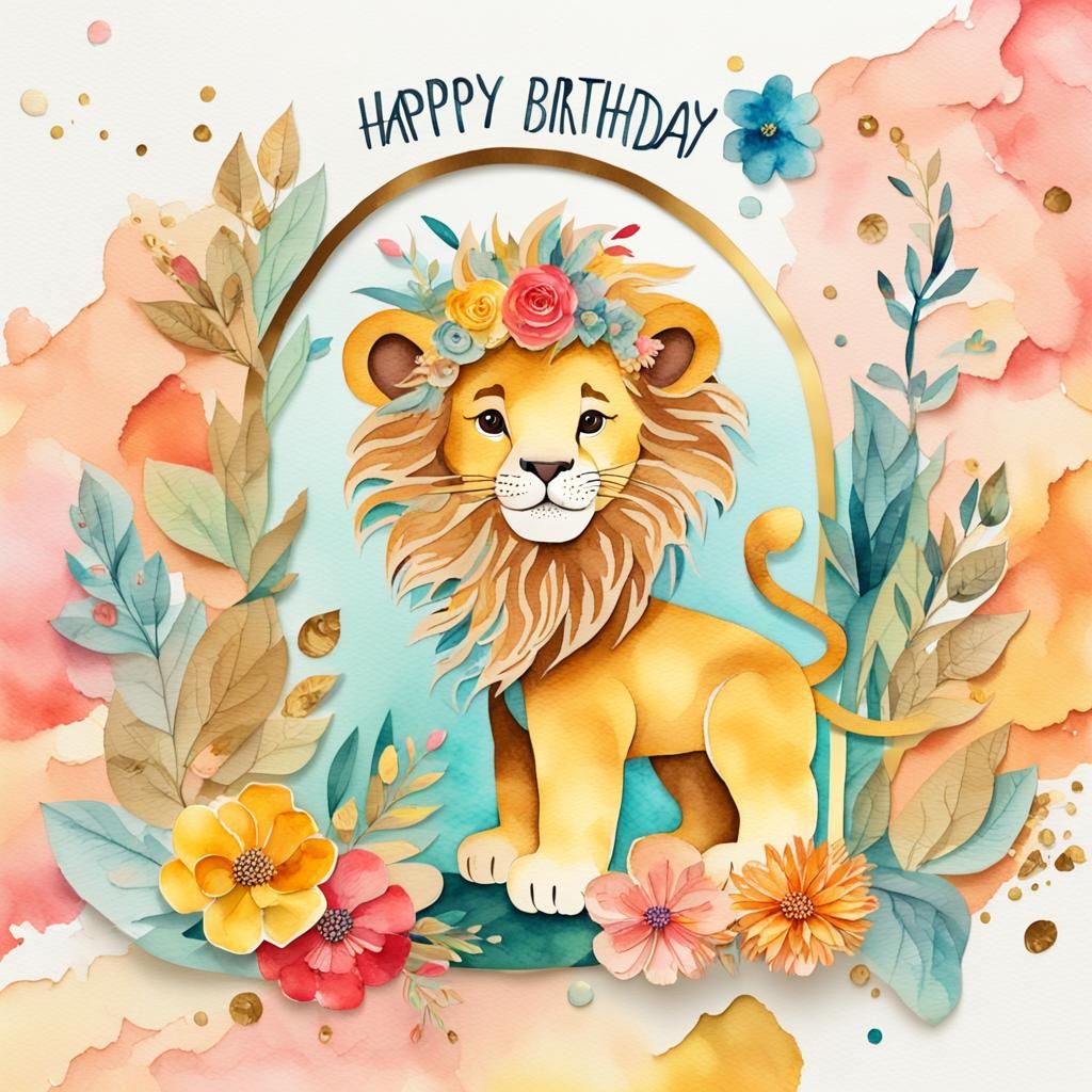 Adorable Lion in Mixed Media Safari Scene