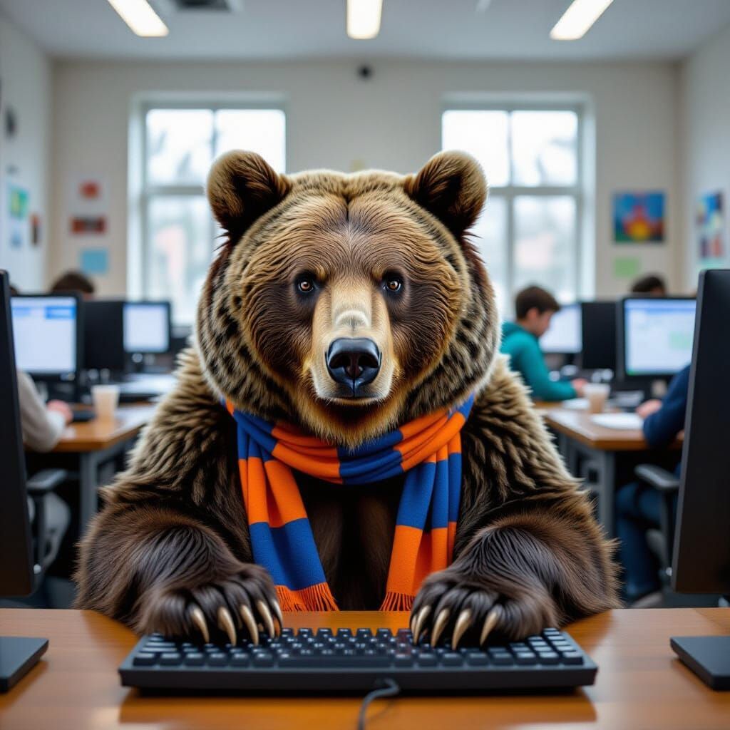 Bear Typing at Computer in School Lab