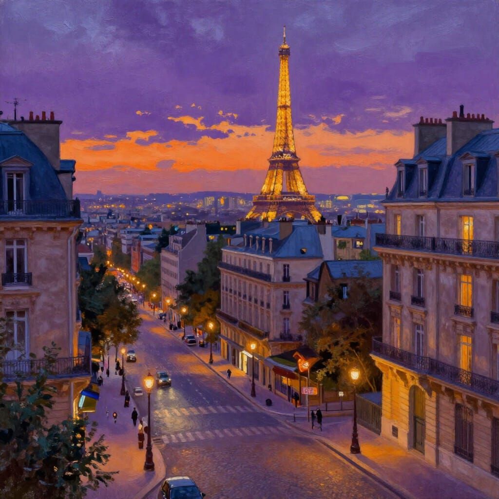 Paris at Twilight: Impressionistic Oil Painting of Eiffel To...