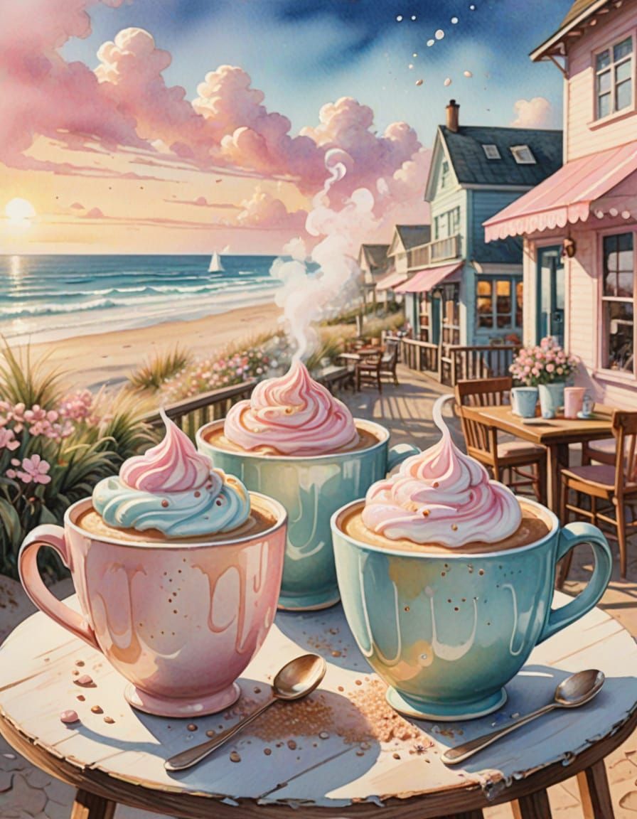 Coastal Cafe Lattes with Cotton Candy Steam, Watercolor Art