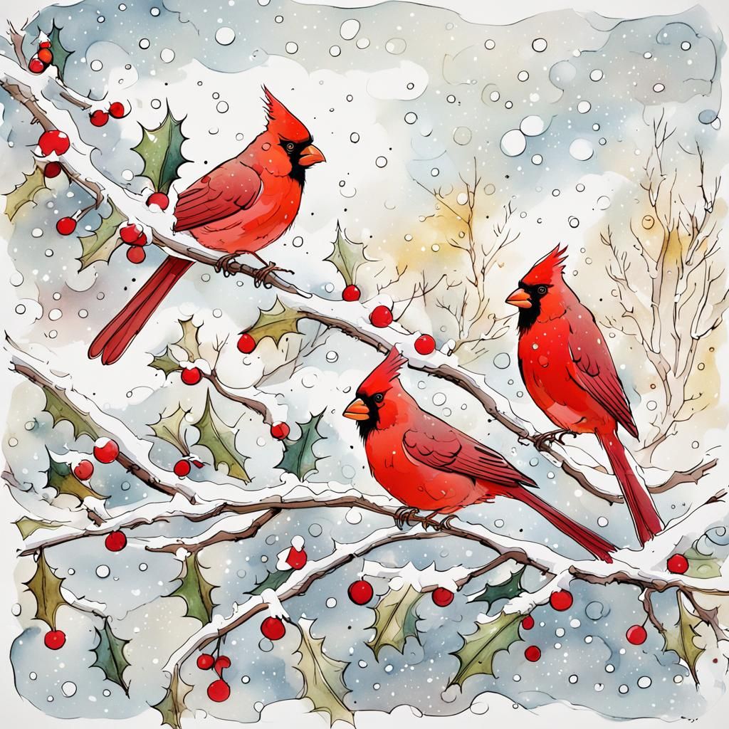 Whimsical Cardinals in Snowy Line Art
