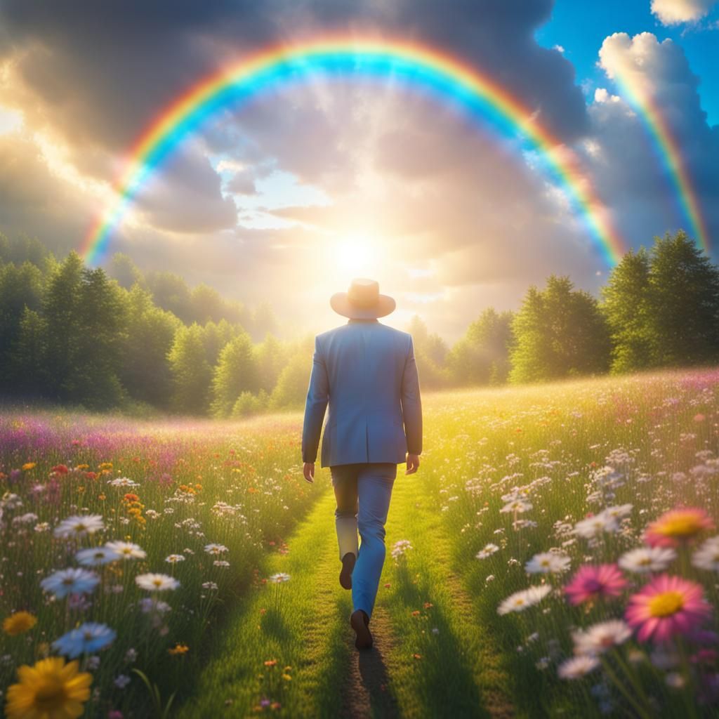God of Luck in a Blooming Meadow with Rainbow
