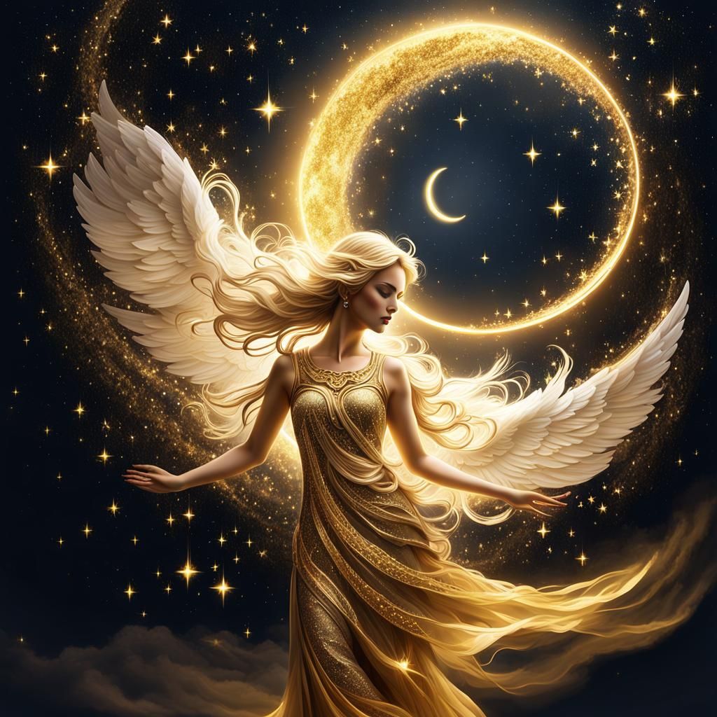 Luminous Space Angel Merging with Crescent Moon