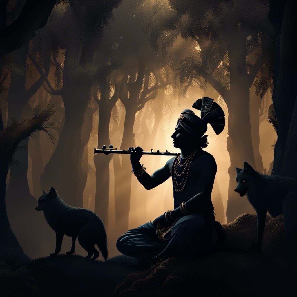 Krishna Silhouette Playing Flute in Dark Forest