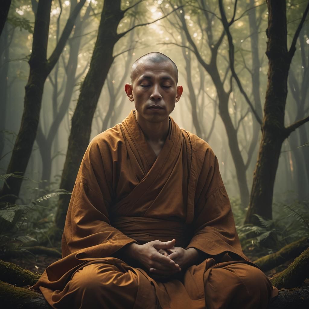 Monk Meditating in Forest, Vibrant Digital Portrait