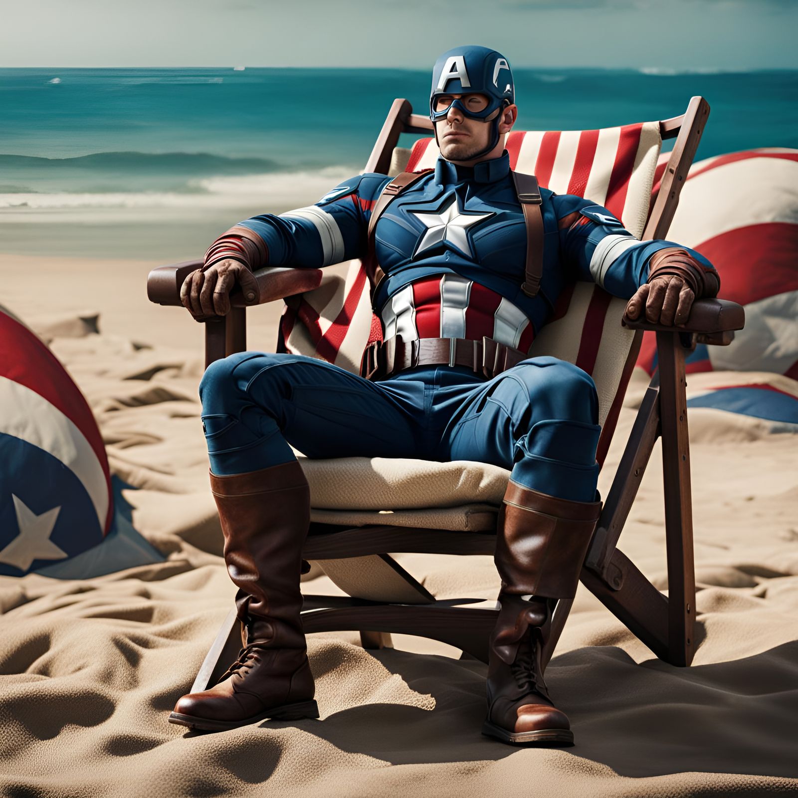 Captain America Relaxing on a Sunny Beach